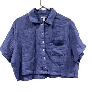 Sisstrevolution Top Womens M Blue Gauze Crop Button Down Crinkle Cotton Beachy